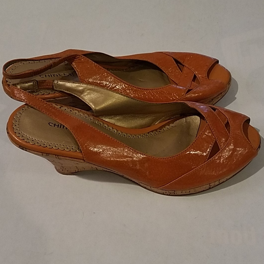Chinese Laundry Sunkiss Orange Peep Toe Wedge Slingback Size 6M